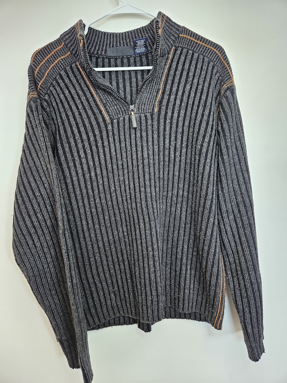 Sargent Men's Quarter Zip Ribbed Knit Sweater XL Charcoal Grey Orange Accents🔥